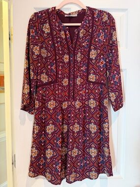 Daniel Rainn Maroon Floral Geometric Long Sleeve Dress
